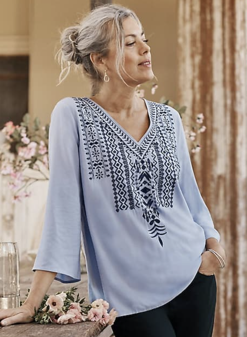 Embroidered Bell-Sleeve Top