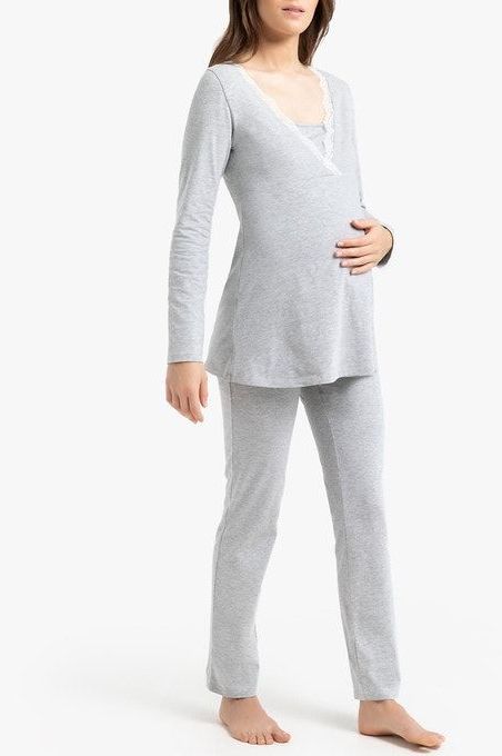 Grey Cotton Maternity Nursing Sleepwear Set For Breastfeeding And