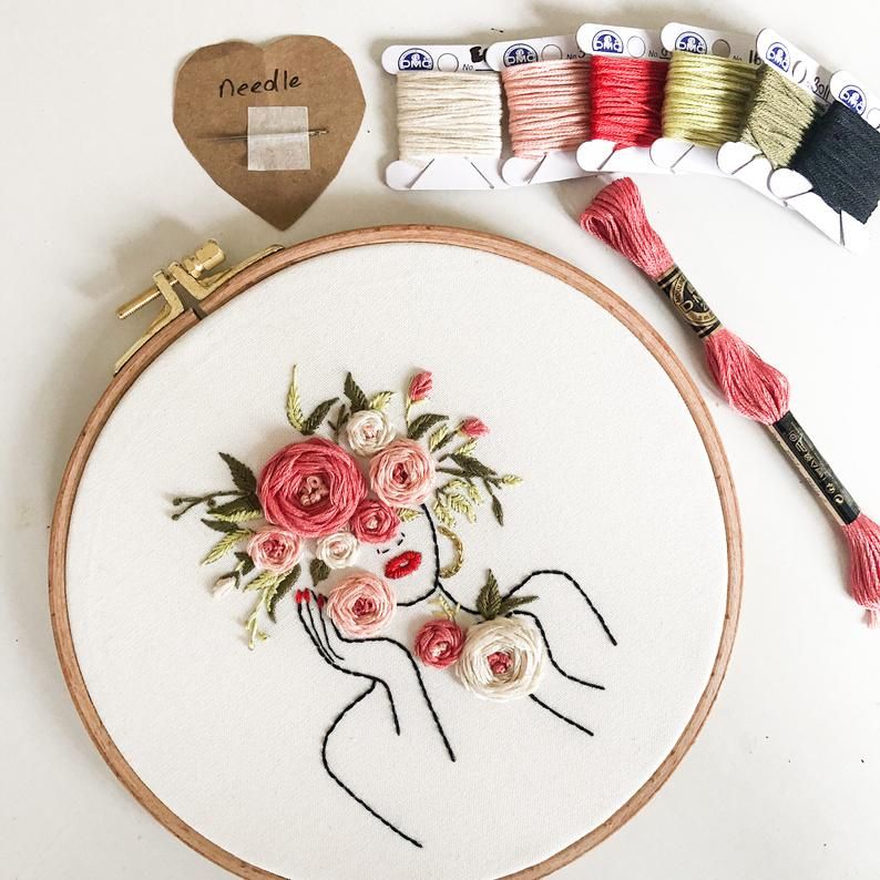 Holding Flowers Embroidery Kit for Beginner, Modern Floral Embroidery Kit,  DIY Hand Embroidery Kit,wall Art Kits,wall Decor 