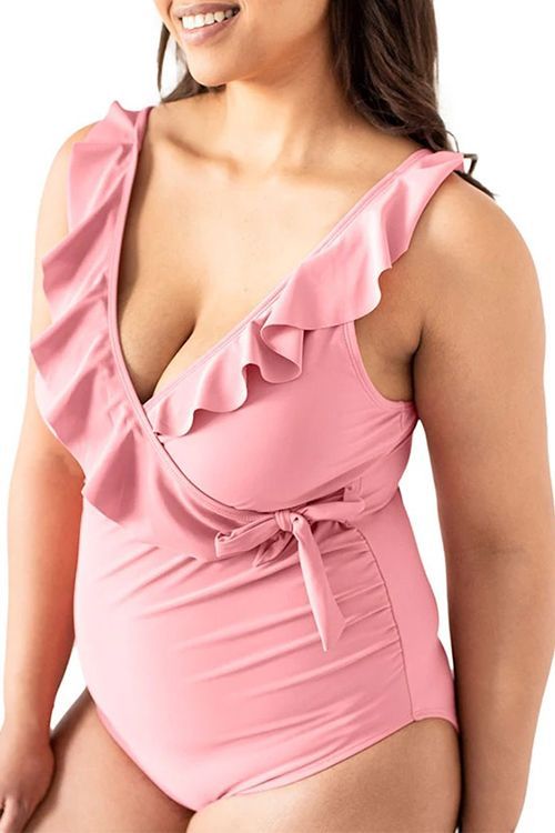 Black Waist Tie Maternity Plus One-Piece Swimsuit– PinkBlush