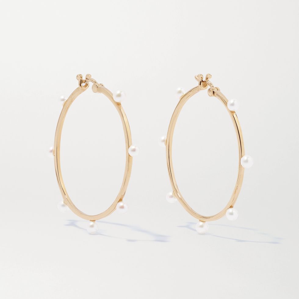 14-karat gold pearl hoop earrings