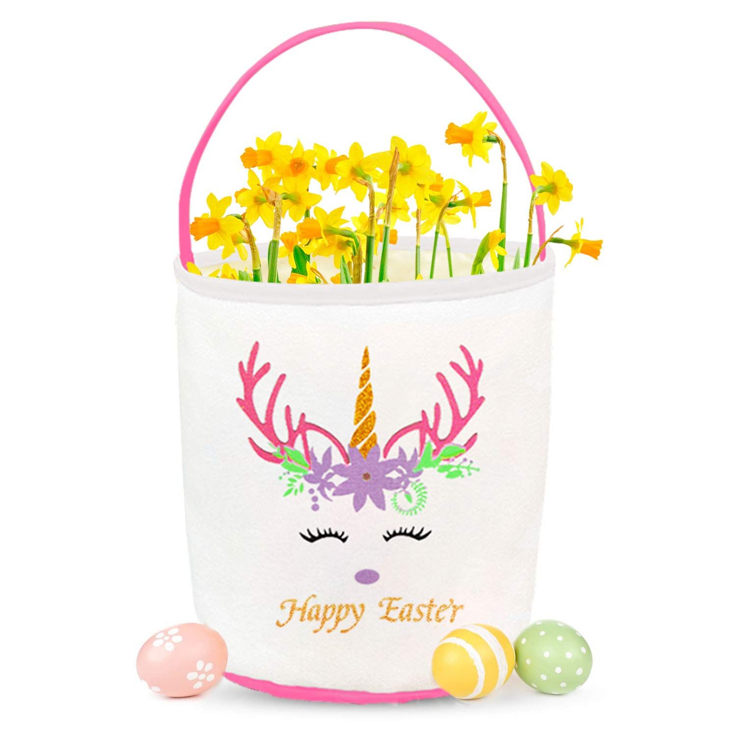 TOPULORS Easter Gift Bag Easter Presents for Kids from Easter Bunny Basket Personalized Easter Eggs Baskets&Bags for Kids for Daily Use with Easter Design Mady by Environmental Canvas-Cylinder Green