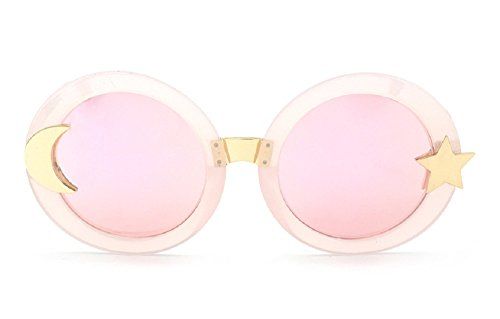 Chezi Women's Glitter Shell-effect Acetate Moon Star Accent Round Sunglasses, Pink, Medium