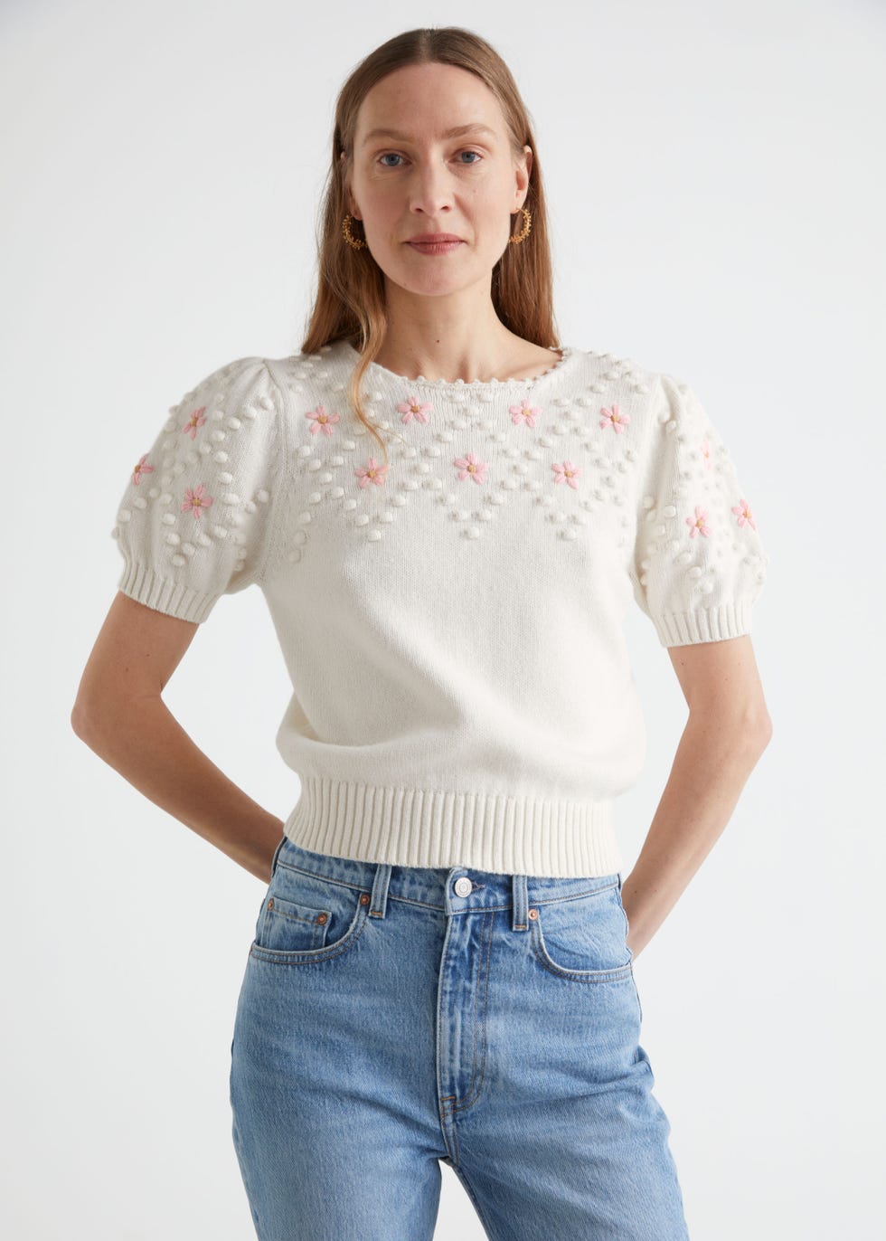 Embroidered Puff Sleeve Knit Sweater