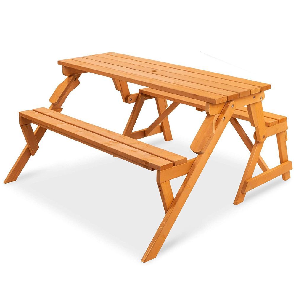 HAPPYGRILL Outdoor Picnic Table Bench Set with Wooden Top & Steel Frame Patio Dining Picnic Table Set with Umbrella Hole for Garden Backyard 