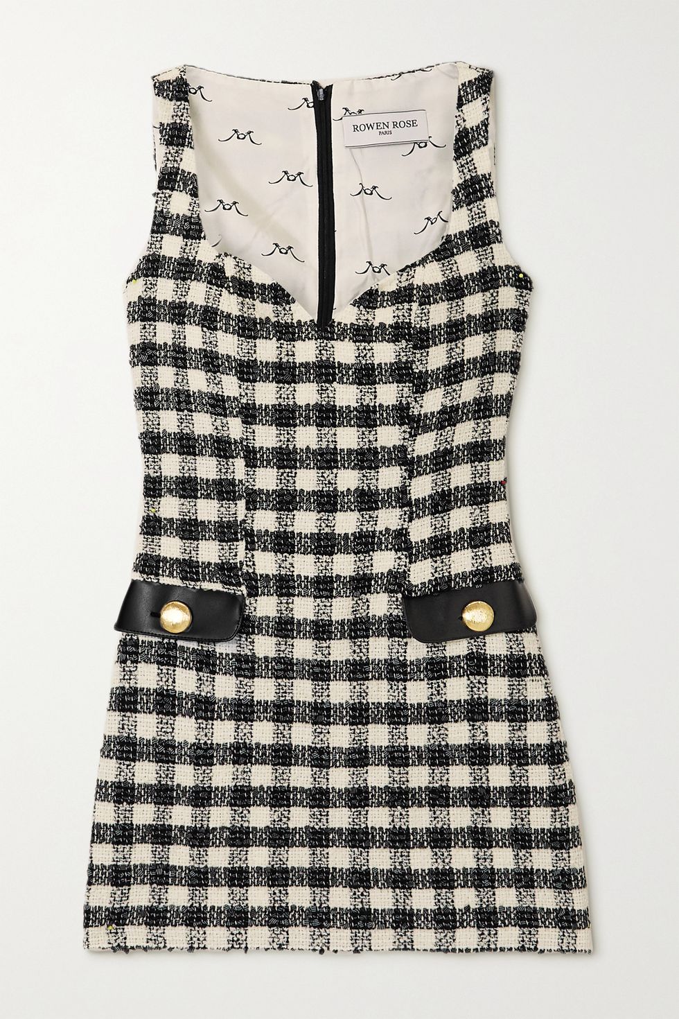 Faux leather-trimmed checked tweed mini dress