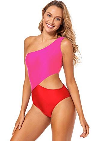 1 Piece One Shoulder Swimsuit, Color Block Cutout Bikini Fashion