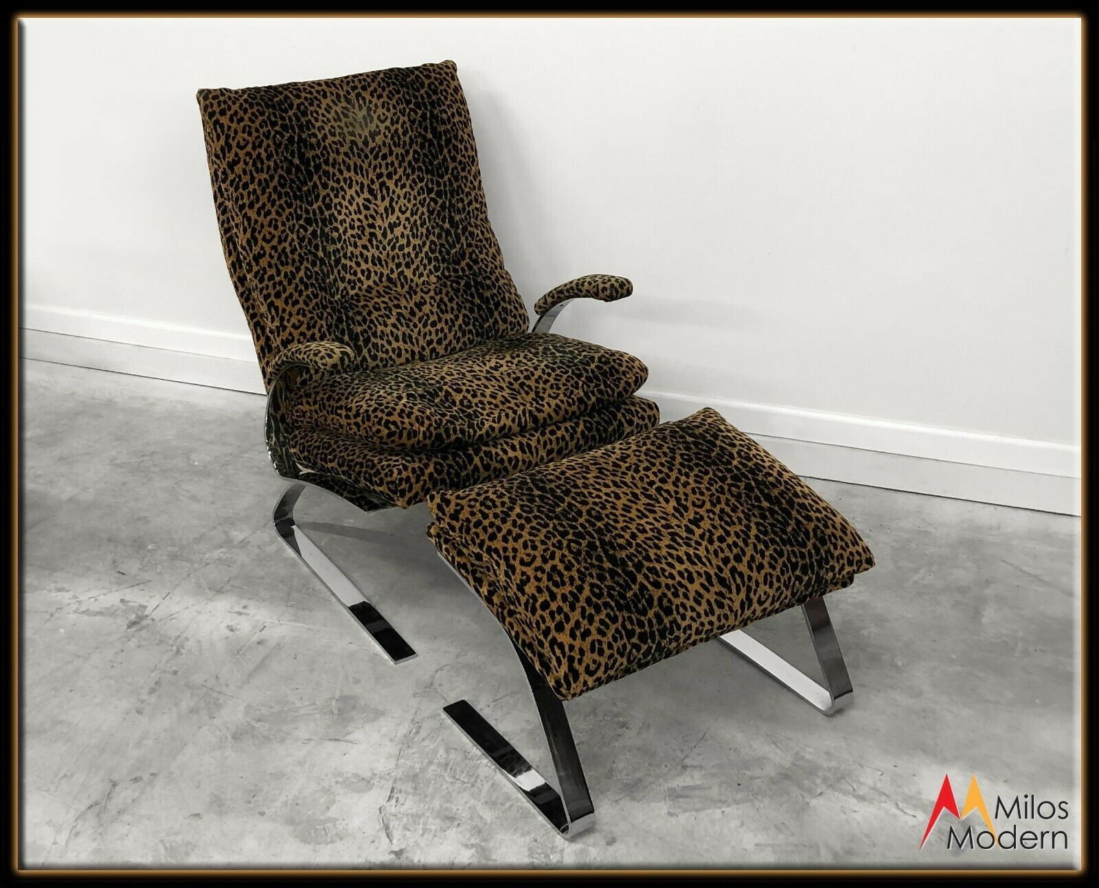 Mod 70s Milo Baughman Thayer Coggin Chrome Lounge Chair & Ottoman Leopard Print