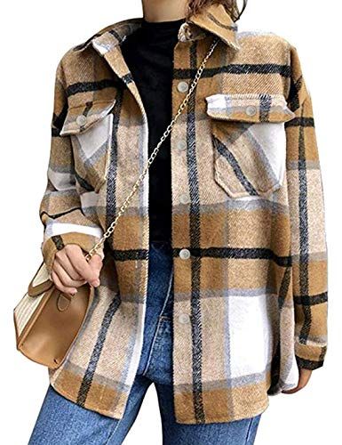 Wool Blend Plaid Lapel Button Short Pocketed Shacket