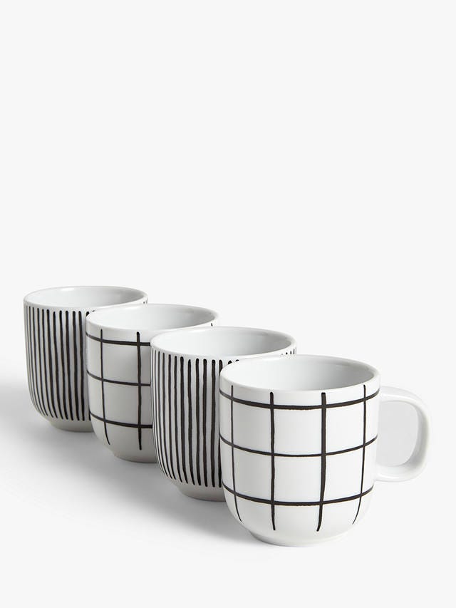 John Lewis & Partners Linear Mugs, Set of 4, 280ml, White/Black