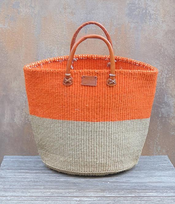 LAZIMA: Orange and Tan Sisal Basket Bag