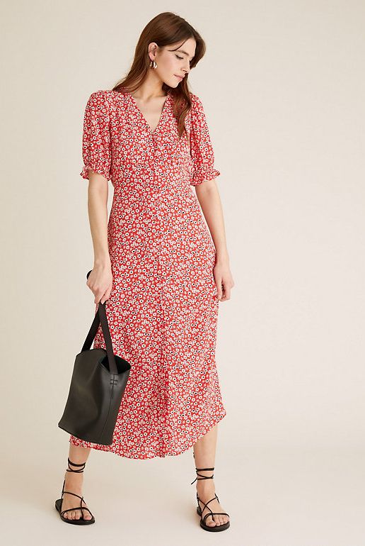 M&S Collection Floral V-Neck Puff Sleeve Midi Tea Dress