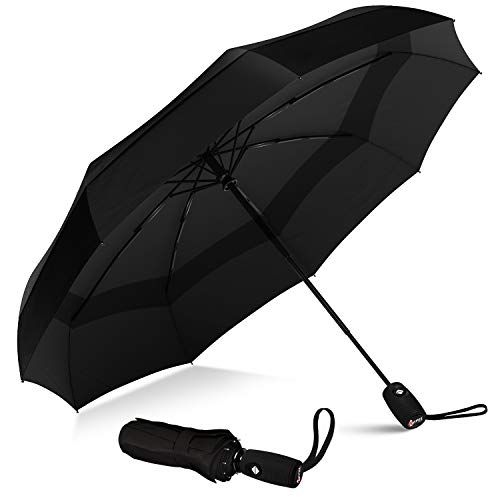 Black Ergonomic Wooden Handle Auto Open/Close 10Ribs Leodauknow-Automatic Compact Umbrella Windproof Travel for Sun UV Protection and Rain 