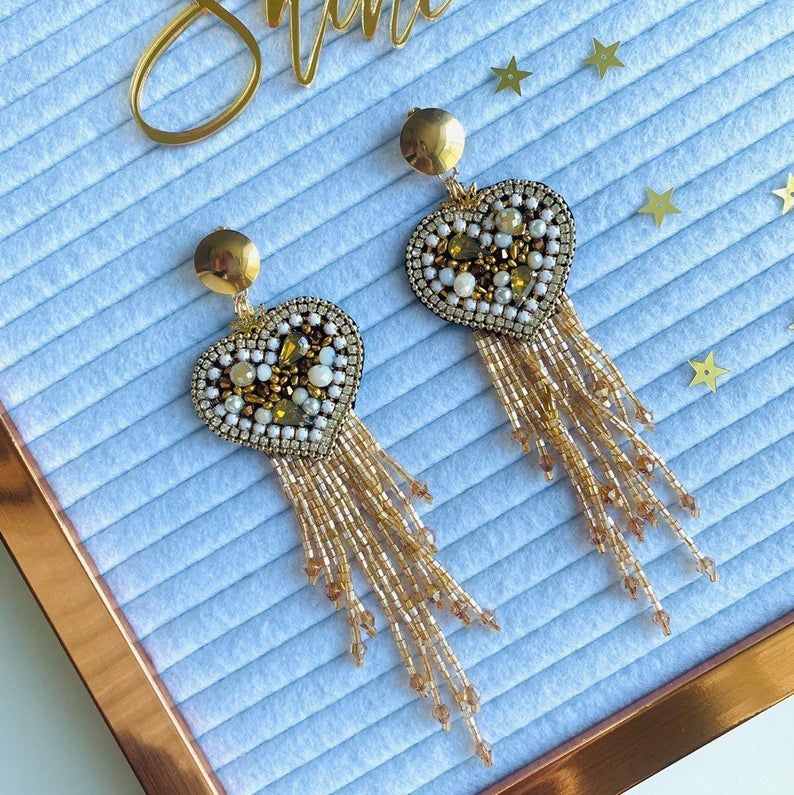 White Fringe Tassel Earrings, Gold Rhinestone Earrings - Jewels by Trish