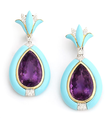 Turquoise, Gold, Amethyst, and Diamond Earrings