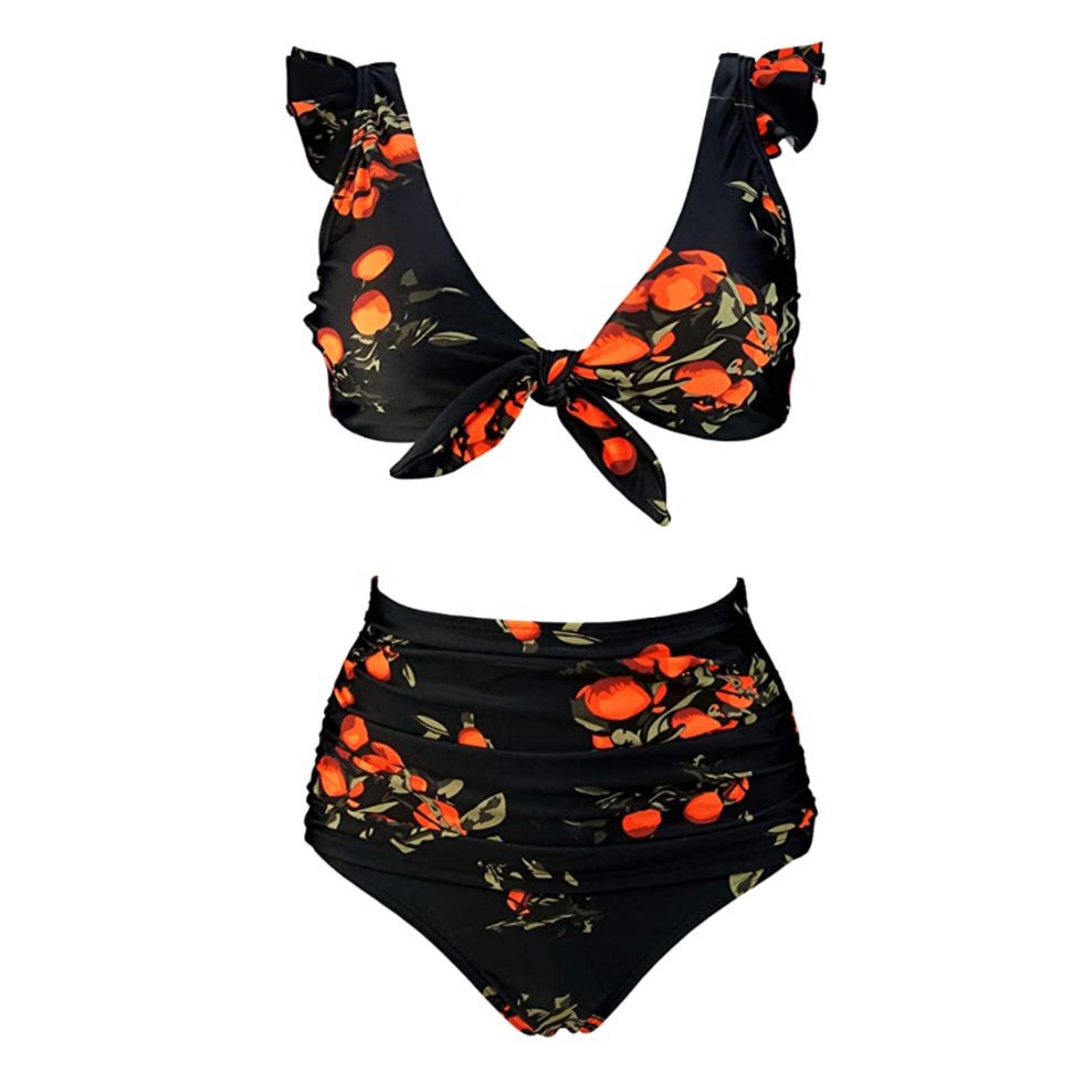 Black-and-Orange Tangerine Fruit High-Waisted Bikini