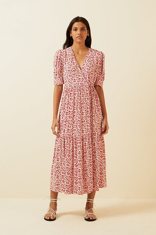 M&S x Ghost Floral V-Neck Puff Sleeve Midi Wrap Dress