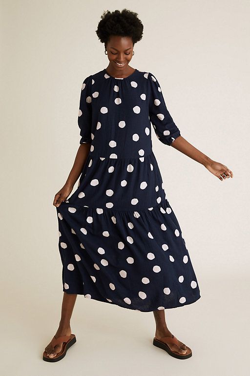M&S Collection Linen Polka Dot Midi Tiered Dress