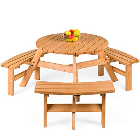 Outdoor Wooden Picnic Tables, Round Wooden Patio Table With Umbrella Hole