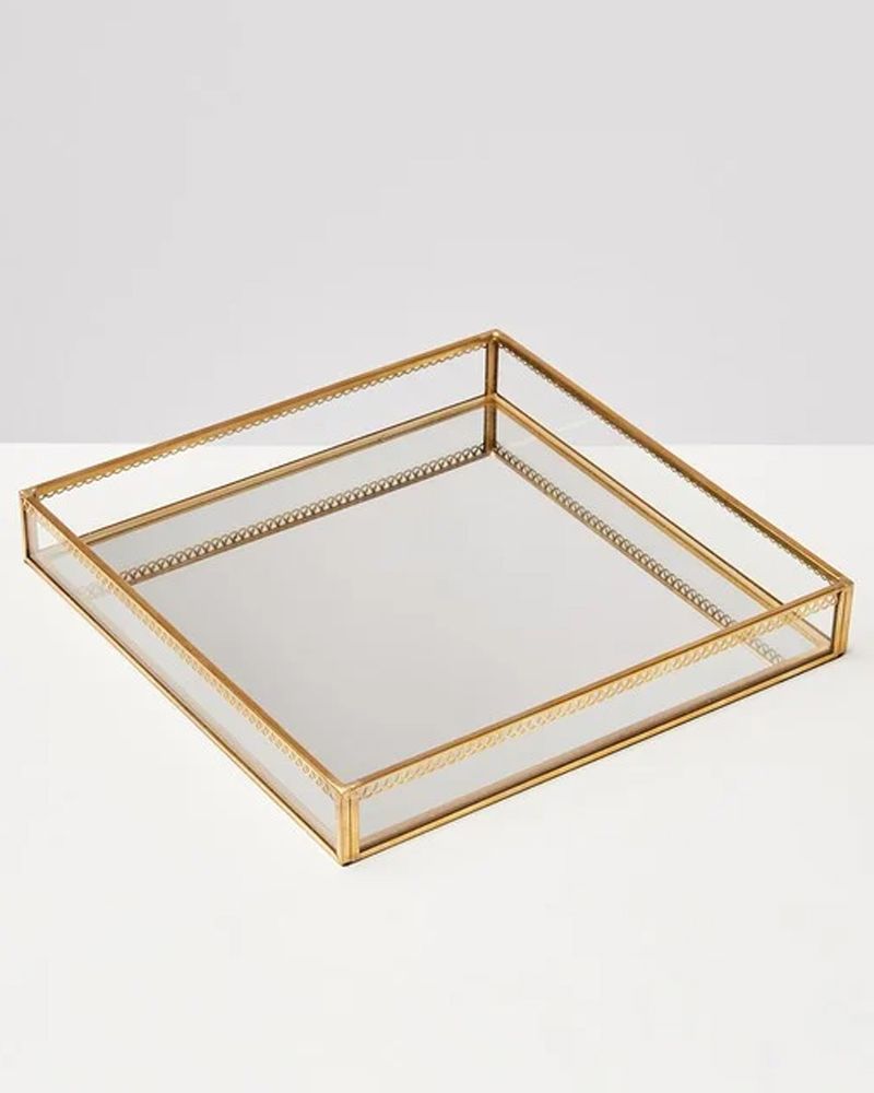 Gold & Glass Mirrored Lace Edge Jewellery Tray Square