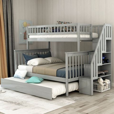 Modern Bunk Beds For Kids, Twin Over Bunk Bed With Trundle And Drawers
