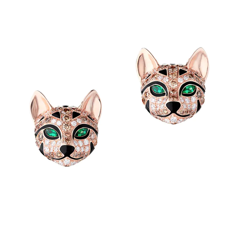 Animaux Two-Tone Diamond & Emerald Fuzzy The Leopard Stud Earrings
