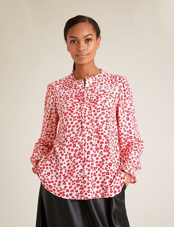 Ditsy Floral Frill Detail Long Sleeve Blouse