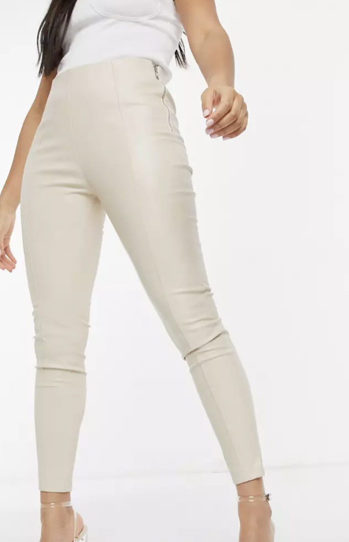 Cream Leather-Look High Waist Leggings