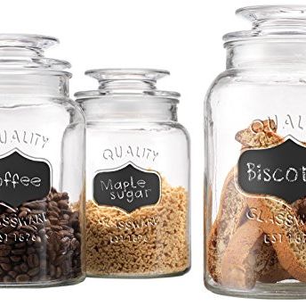 4 Glass Food Storage Jars with Airtight Lids + Chalkboard & Marker, Kitchen  Canisters for Flour, Sugar, Coffee, Cereal, Pasta, Canning, Cookie Jar