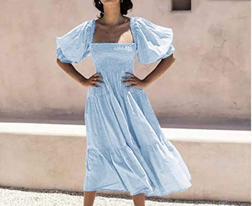  Women's Summer Cotton Plaid Puff Sleeves Midi Dress