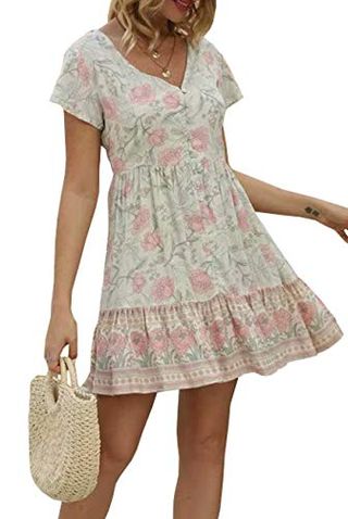 Floral Print V Neck Cotton Tunic Dress