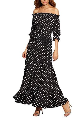 R.Vivimos Women Summer Off Shoulder Polka Dot Long Dresses XL Black