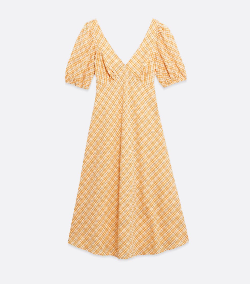Orange Check Puff Sleeve Midi Tea Dress