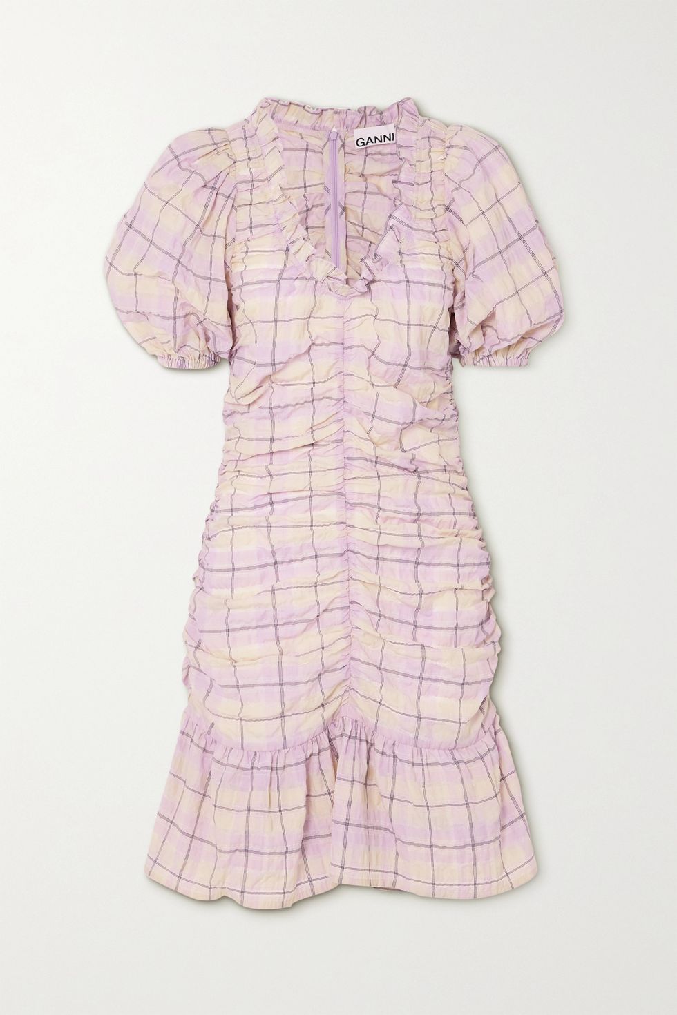 Ruched Checked Organic Cotton-Blend Seersucker Mini Dress