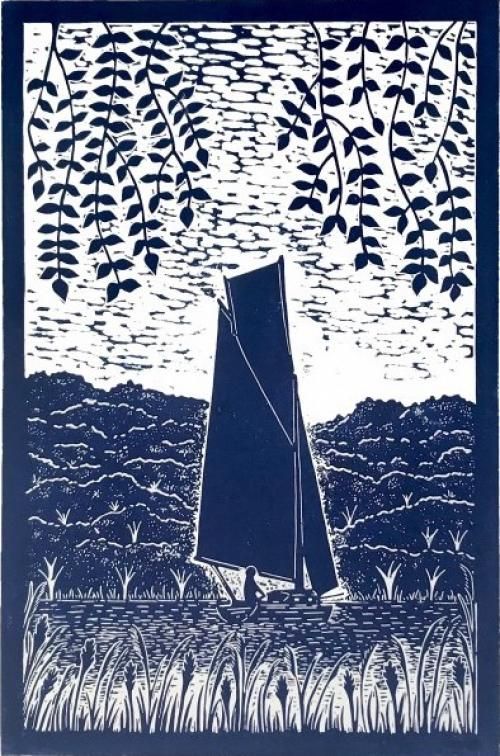 Sailing on the River Tamar  linocut by Joanna Padfield