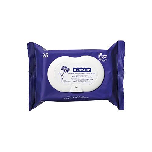 Klorane Make-up Remover Biodegradable Wipes with Soothing Cornflower for Sensitive Skin, -Fragrance , Sulfate, and Alcohol Free