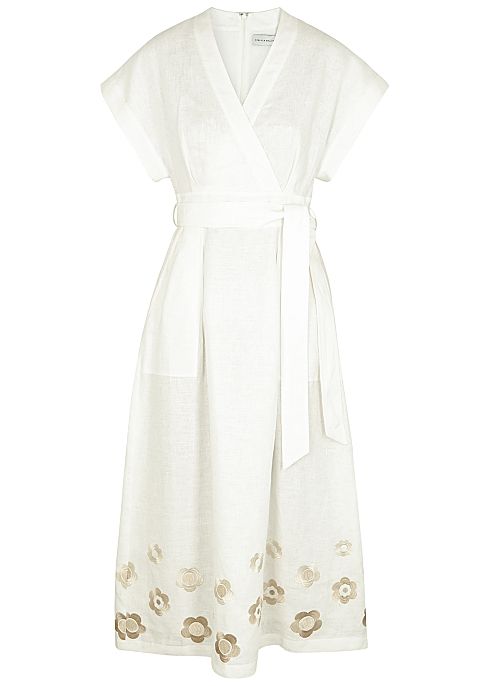 亞麻洋裝推薦#2：短袖綁帶印花亞麻洋裝