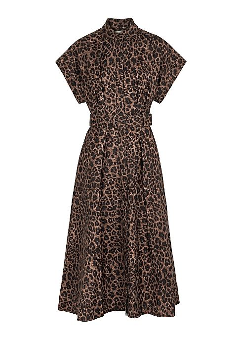 亞麻洋裝推薦#4：豹紋短袖腰帶亞麻洋裝