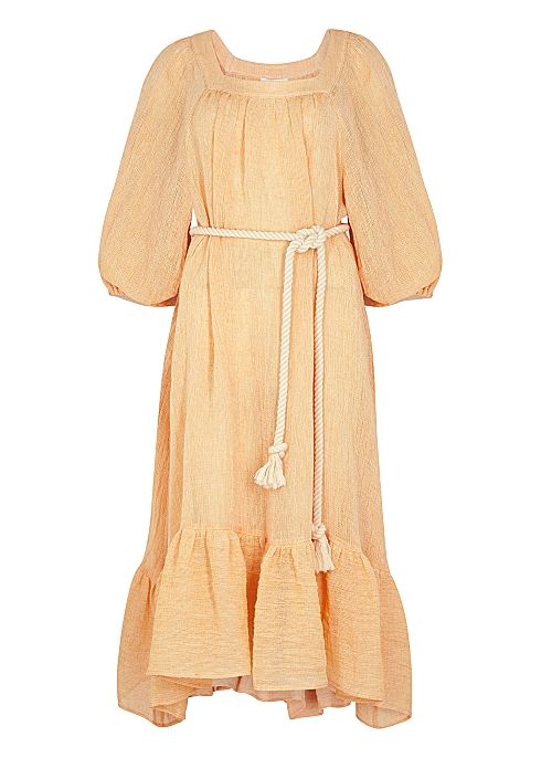 亞麻洋裝推薦#11：繩子綁帶方領魚尾亞麻洋裝