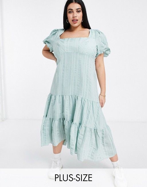 Puff sleeve square neck midaxi dress with bow back in soft mint