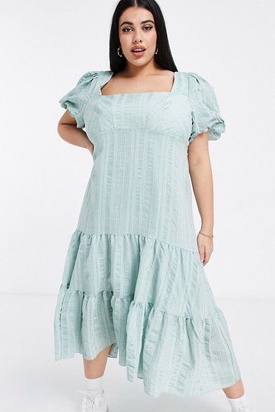Puff sleeve square neck midaxi dress with bow back in soft mint