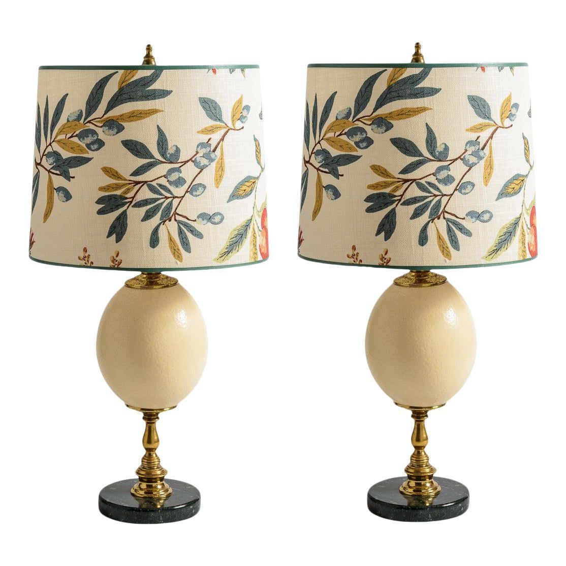 Antique French Ostrich Egg Table Lamps With Brass and Marble Bases