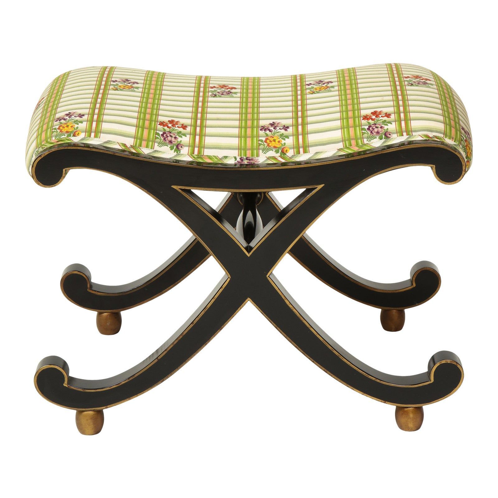 Colefax And Fowler Black and Gilt X-Form Bench