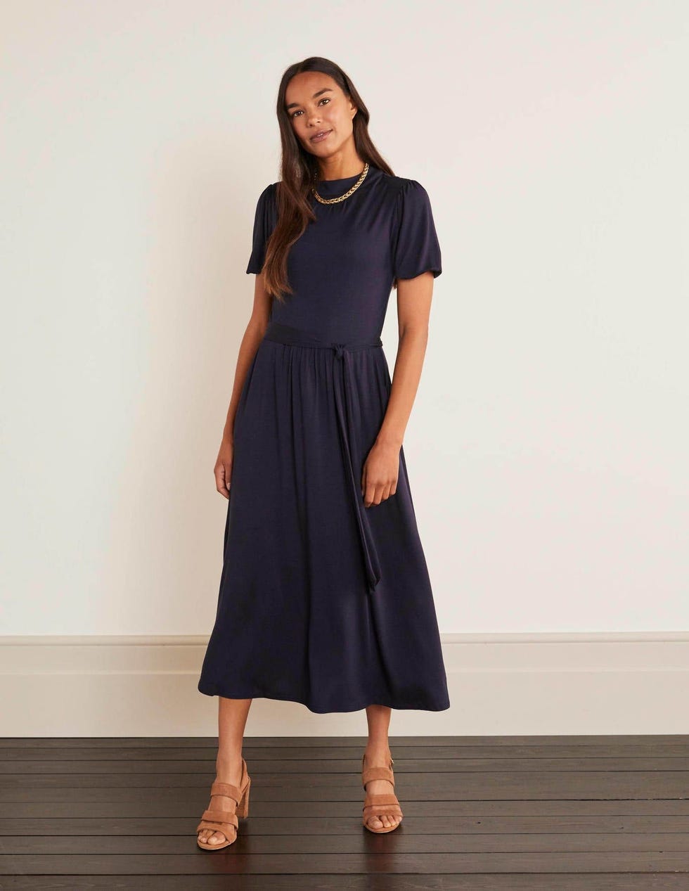 Flora Jersey Puff Sleeve Dress - Navy