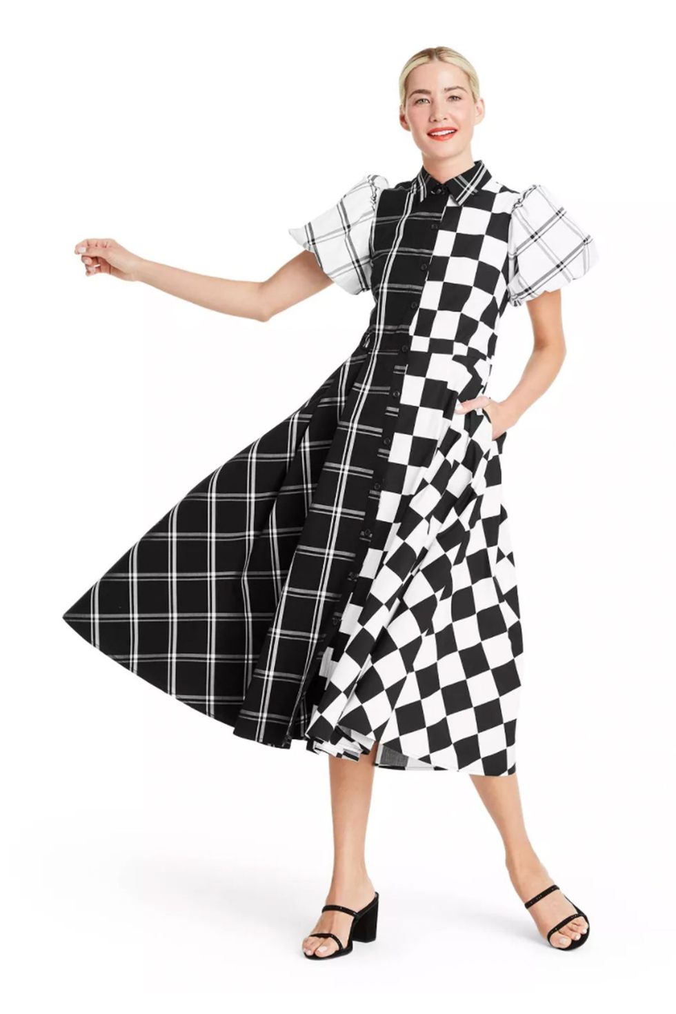 Mixed Checkerboard Puff Sleeve Shirtdress
