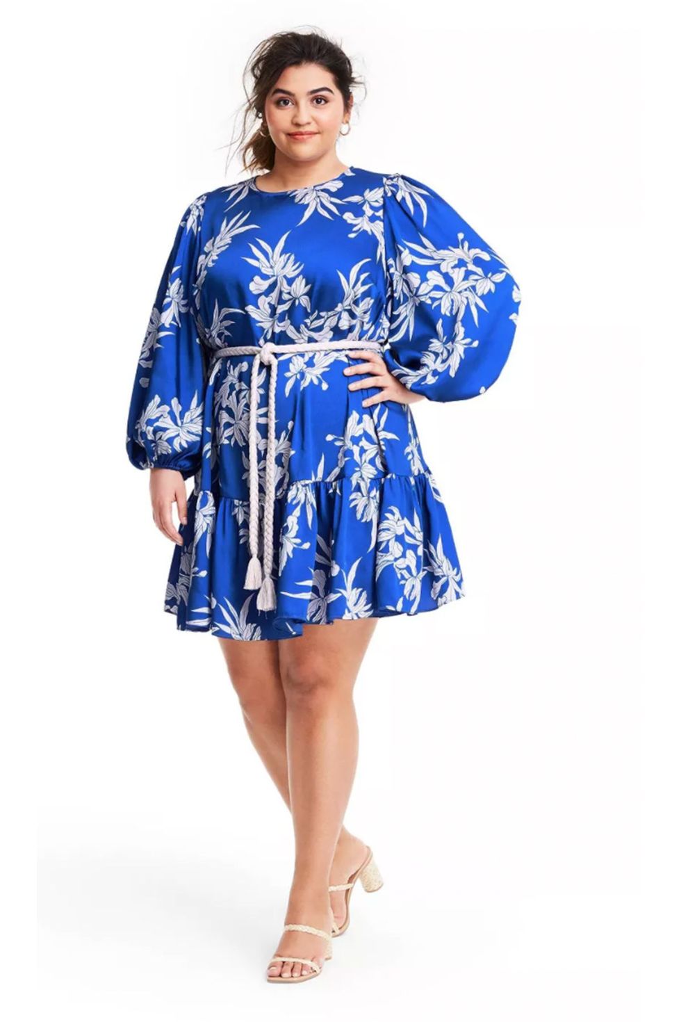 Floral Long Sleeve Rope Belt Tiered Dress