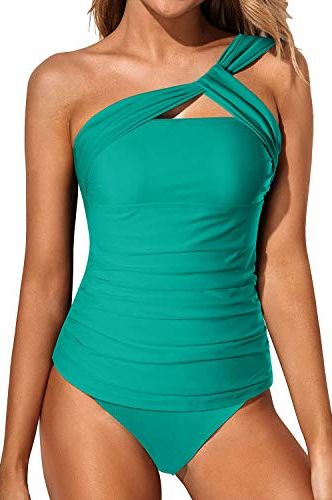 Ruched One-Shoulder Two Piece Tankini Swimsuit 