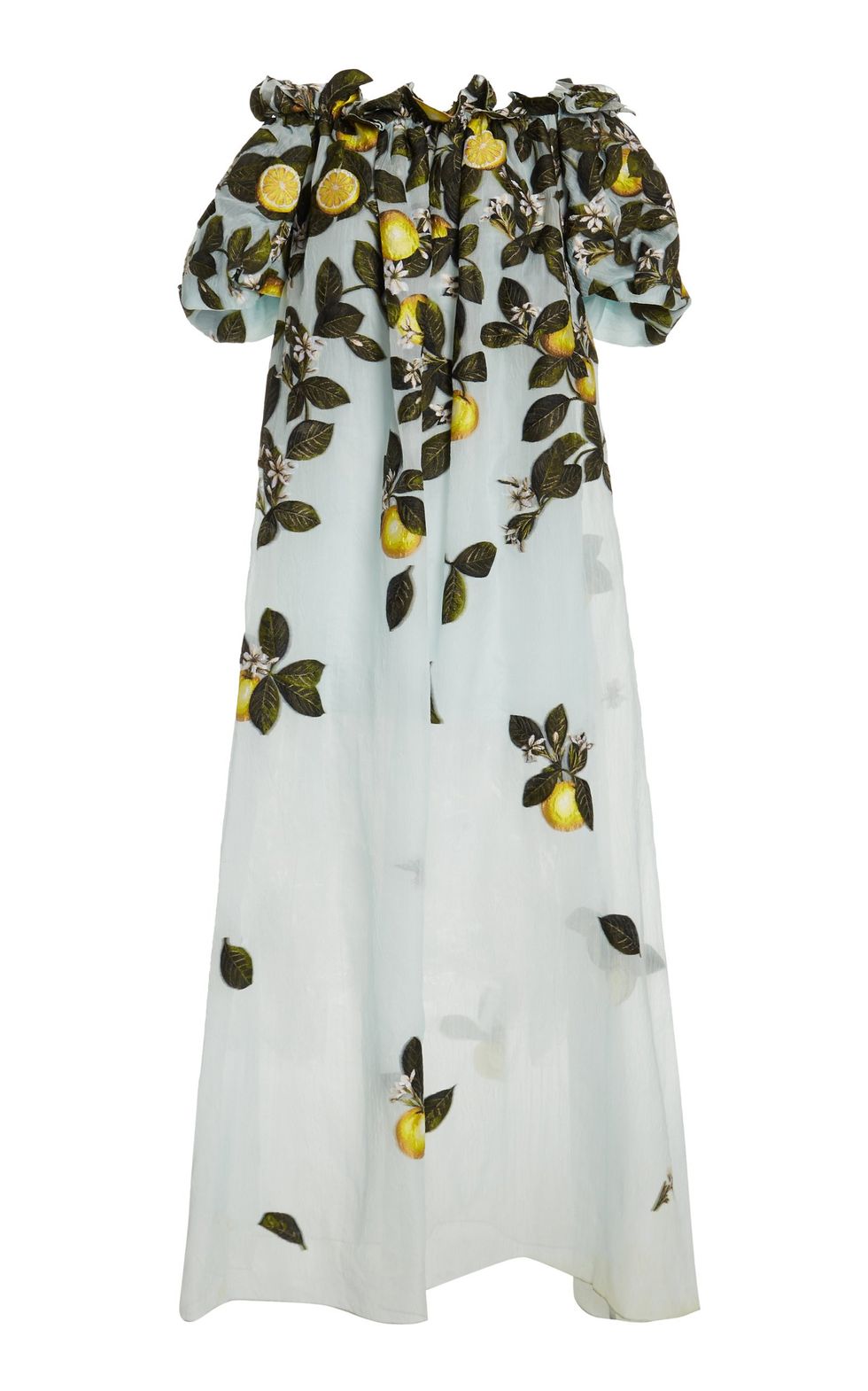 Lemon-Print Silk-Blend Off-The-Shoulder Gown