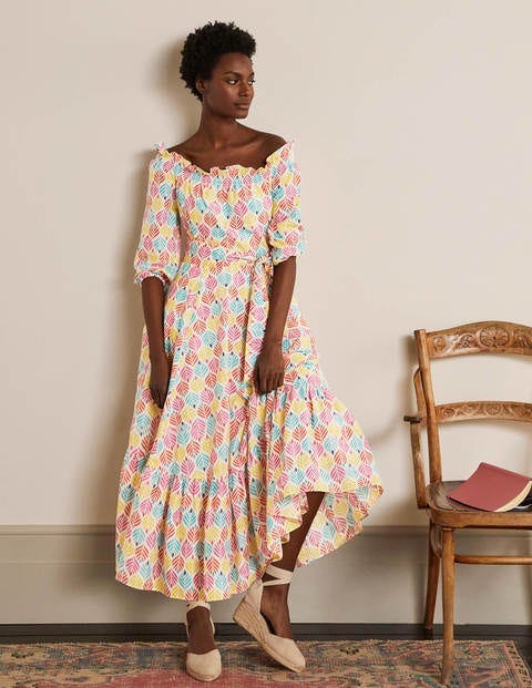 Rosalind Tiered Midi Dress - Ivory, Palm Tile Multi