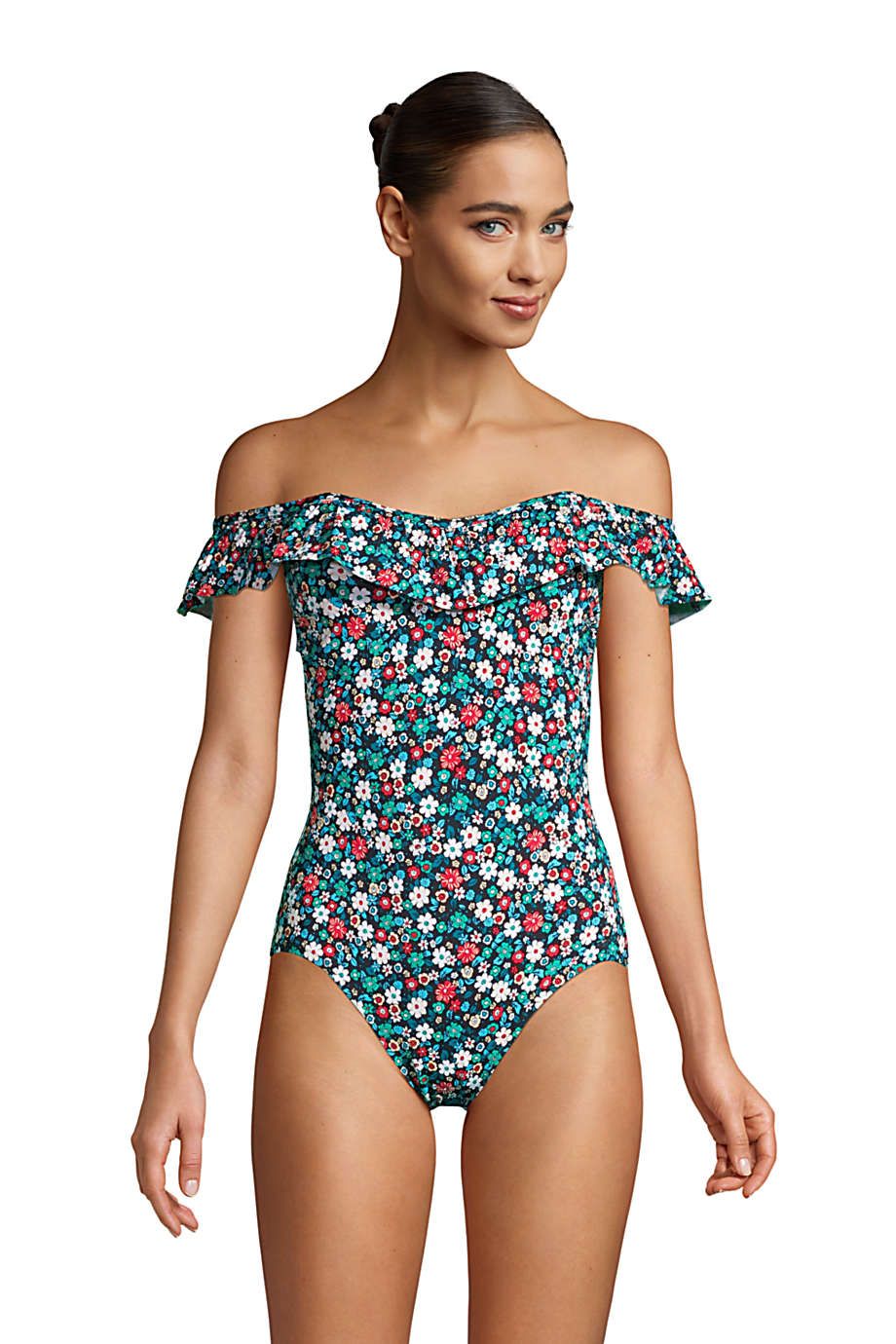 Women Swimming Costume FAPIZI Ladies Leaves Print One Pieces Swimwear Ruffle Shoulder Swimsuit Beachwear Bathing Suit 